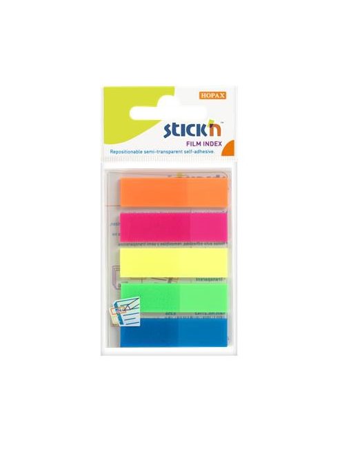 Jelölőcímke, műanyag, 5x25 lap, 45x12 mm, STICK N, neon színek (SN21050)