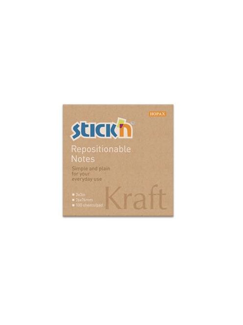 Öntapadó jegyzettömb, 76x76 mm, 100 lap, STICK N "Kraft Notes", barna (SN21639)