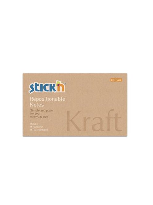 Öntapadó jegyzettömb, 76x127 mm, 100 lap, STICK N "Kraft Notes", barna (SN21640)