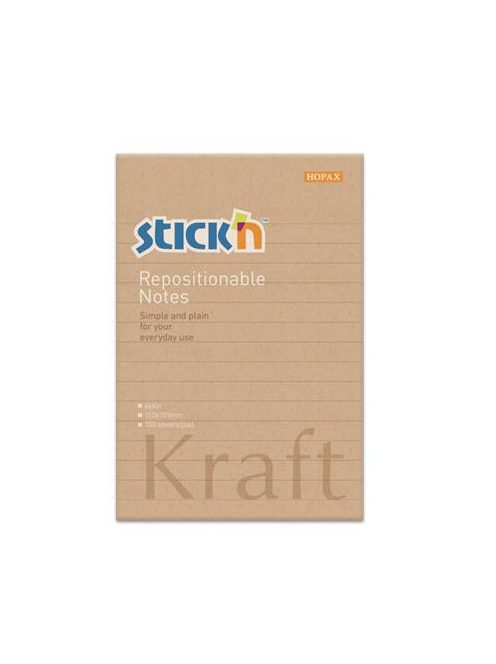 Öntapadó jegyzettömb, vonalas, 150x101 mm, 100 lap, STICK N "Kraft Notes" (SN21641)