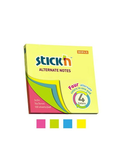 Öntapadó jegyzettömb, 76x76 mm, 100 lap, STICK N, neon színek (SN21822)