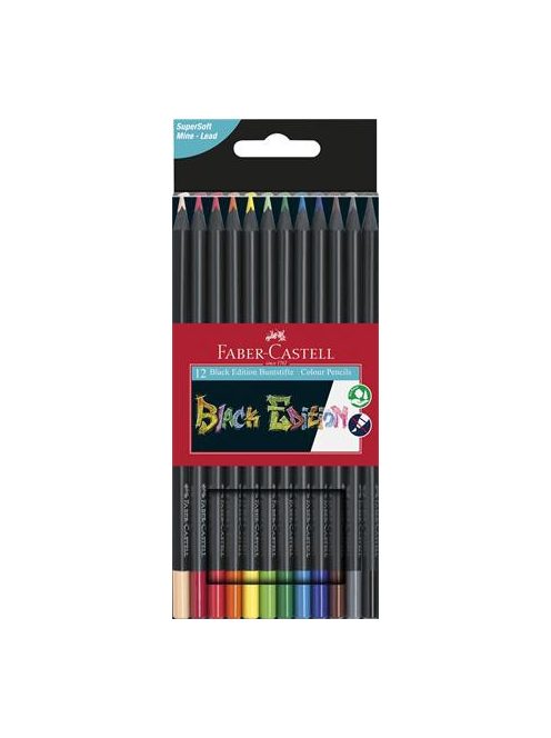Színes ceruza készlet, háromszögletű, FABER-CASTELL "Black Edition",  12 különböző szín (TFC116412)