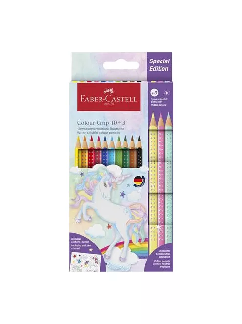 Színes ceruza készlet, háromszögletű, FABER-CASTELL "Grip", 13 különböző szín, unikornis (TFC201542)
