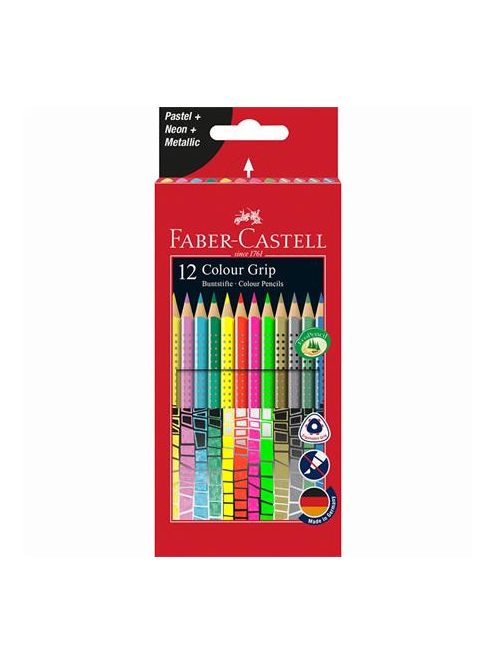 Színes ceruza készlet, háromszögletű, FABER-CASTELL "Colour Grip", 12 különböző szín (TFC201569)