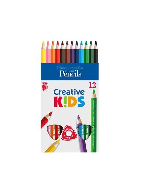 Színes ceruza készlet, háromszögletű, vastag, ICO "Creative kids", 12 különböző szín (TICCKV12)