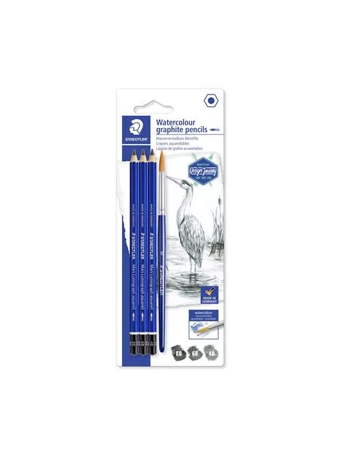 Grafitceruza készlet, akvarell, ecsettel, hatszögletű, STAEDTLER "Mars Lumograph Aquarell 100A", 3 különböző keménység (TS100ASBK4)