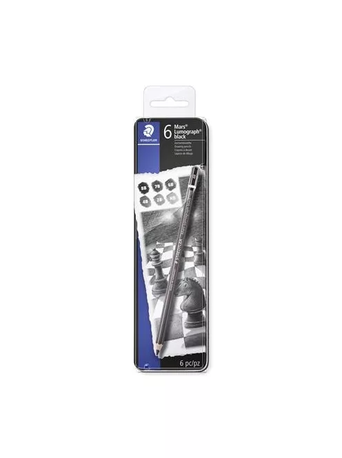 Grafitceruza készlet, fém doboz, hatszögletű, STAEDTLER "Mars Lumograph 100B", 6 különböző keménység, fekete (TS100BG6)