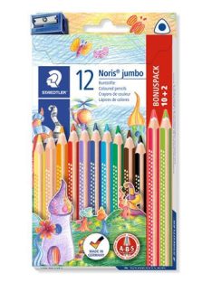   Színes ceruza készlet, háromszögletű, vastag, hegyezővel, STAEDTLER "Noris® Jumbo 128", 10+2 különböző szín (TS128NC12P1)