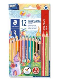   Színes ceruza készlet, háromszögletű, vastag, hegyezővel, STAEDTLER "Noris® Jumbo 128", 10+2 különböző szín (TS128NC12P1)