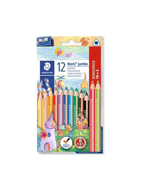 Színes ceruza készlet, háromszögletű, vastag, hegyezővel, STAEDTLER "Noris® Jumbo 128", 10+2 különböző szín (TS128NC12P1)