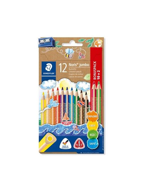 Színes ceruza készlet, háromszögletű, vastag, hegyezővel, STAEDTLER "Noris® Jumbo 128", 10+2 különböző szín (TS128NC12P1)