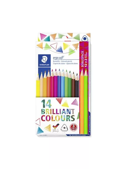 Színes ceruza készlet, háromszögletű, ajándék 2 db színes ceruzával, STAEDTLER "Ergo Soft", 14 különböző szín (TS157C14P1)