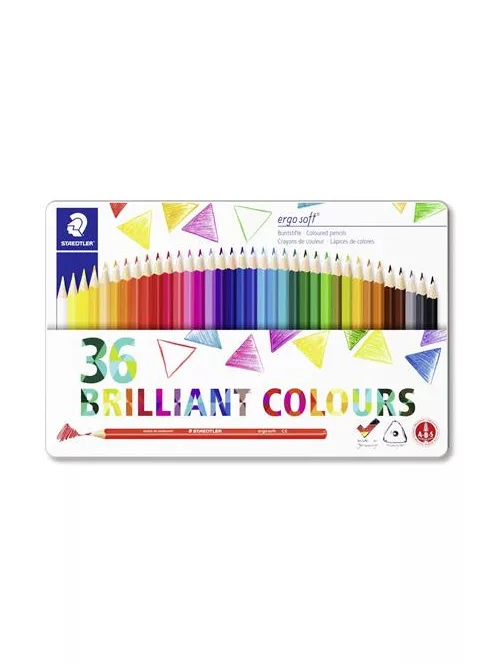 Színes ceruza készlet, háromszögletű, fémdobozos, STAEDTLER "Ergo Soft 157", 36 különböző szín (TS157M3602)