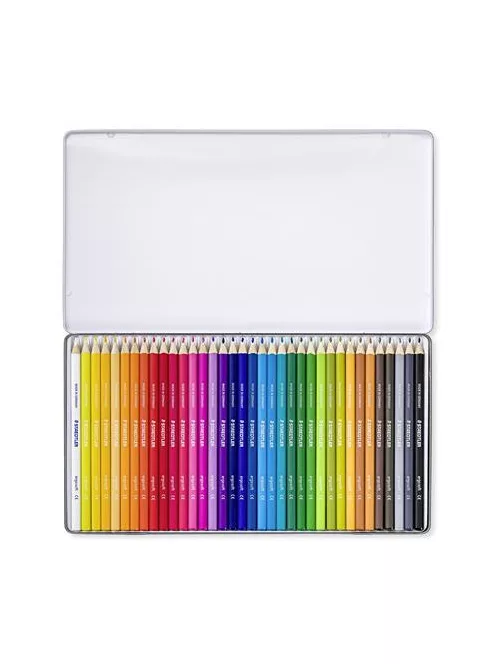 Színes ceruza készlet, háromszögletű, fémdobozos, STAEDTLER "Ergo Soft 157", 36 különböző szín (TS157M3602)