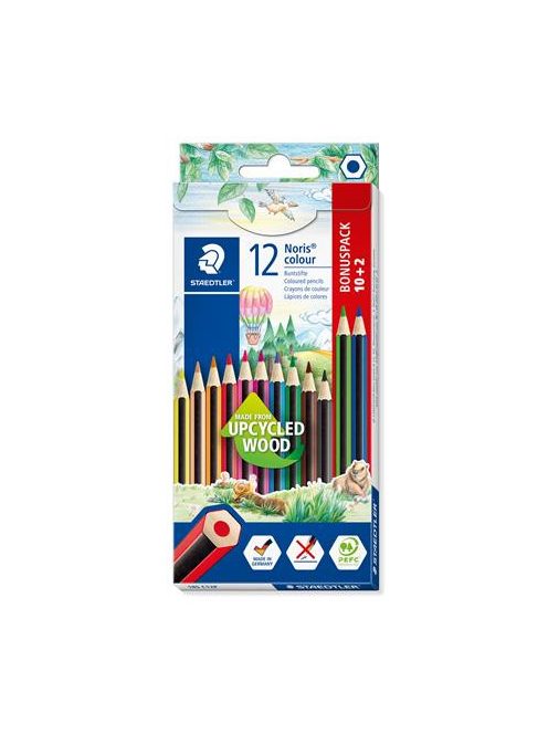 Színes ceruza készlet, hatszögletű, STAEDTLER "Noris Colour 185", 10+2 különböző szín (TS185C12P)
