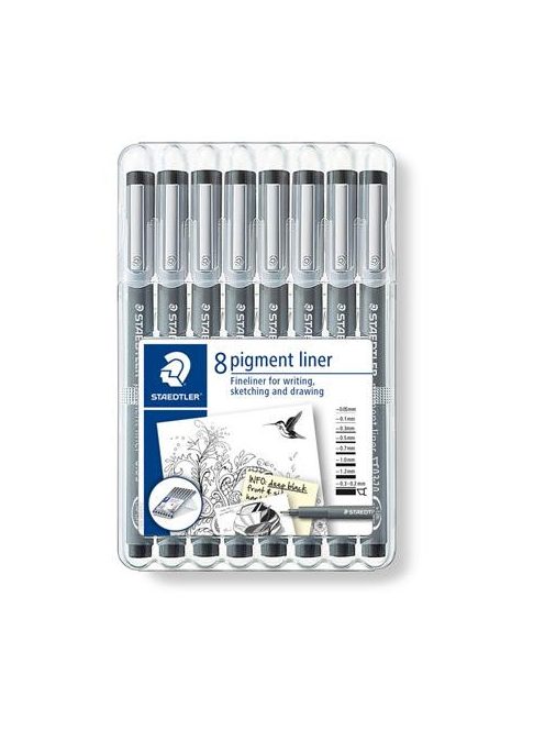 Tusfilc készlet, 8 különböző vonalvastagság, STAEDTLER "Pigment liner 308", fekete (TS308SB8)