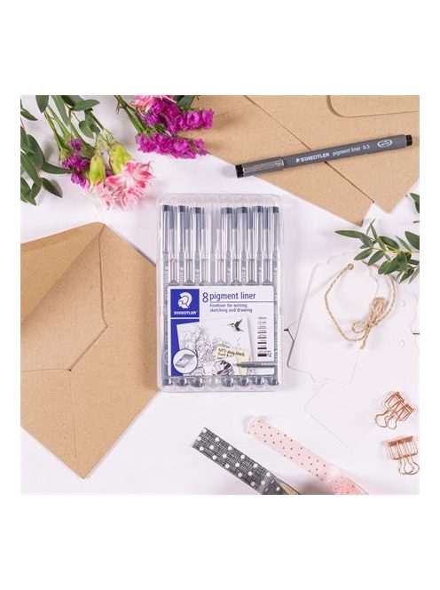 Tusfilc készlet, 8 különböző vonalvastagság, STAEDTLER "Pigment liner 308", fekete (TS308SB8)