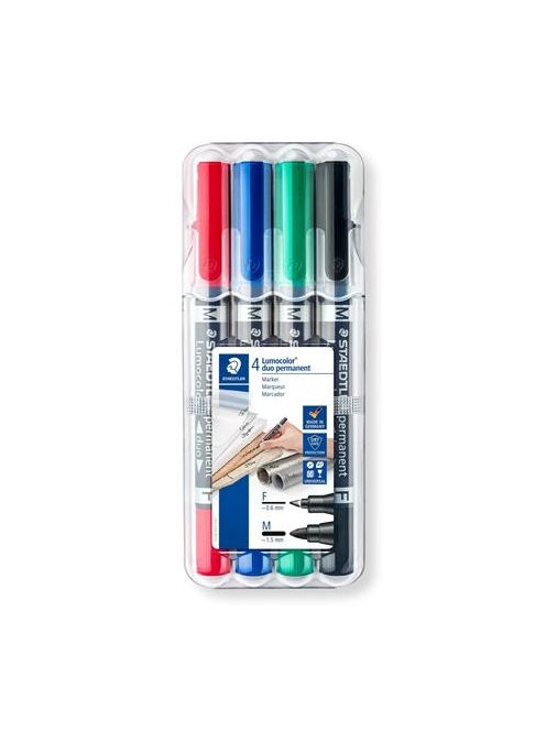 Alkoholos marker készlet, 0,6/1,5 mm, kúpos, kétvégű, STAEDTLER "Lumocolor® duo 348", 4 különböző szín (TS348WP4)