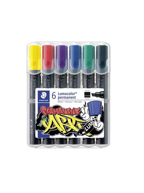 Alkoholos marker készlet, 2-5 mm, vágott, STAEDTLER "Lumocolor® 350", 6 különböző szín (TS350WP61)
