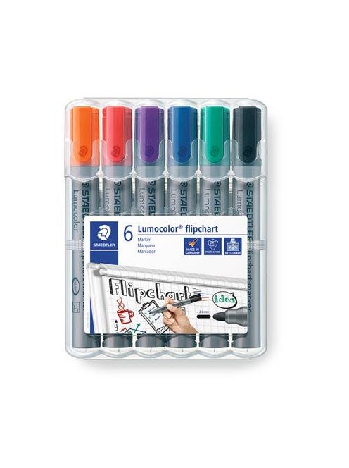 Flipchart marker készlet, 2 mm, kúpos, STAEDTLER "Lumocolor 356", 6 különböző szín (TS356WP6)