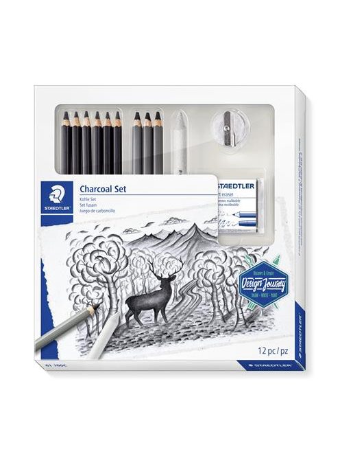 Grafit- és szénceruza készlet, kiegészítőkkel, 12 darabos, STAEDTLER "Mars® Lumograph® 100C" (TS61100C)