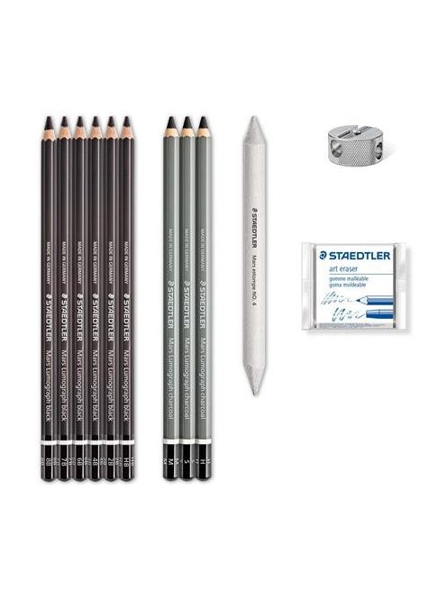 Grafit- és szénceruza készlet, kiegészítőkkel, 12 darabos, STAEDTLER "Mars® Lumograph® 100C" (TS61100C)