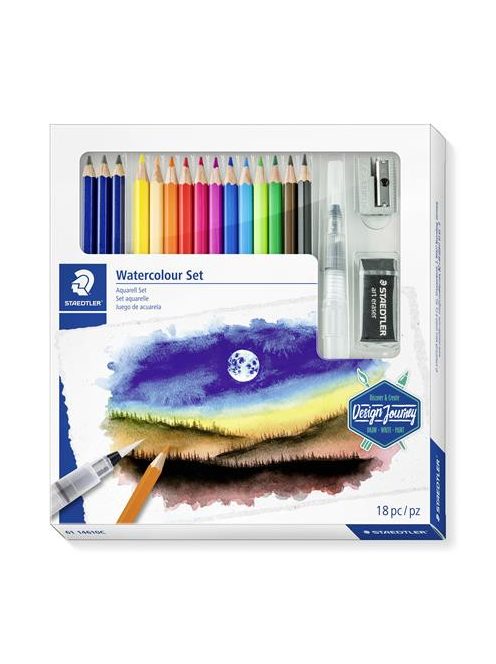 Akvarell ceruza készlet, ecsettel, radírral, hegyezővel, grafitceruzával, STAEDTLER® "146 10C", 12 különböző szín (TS6114610C)