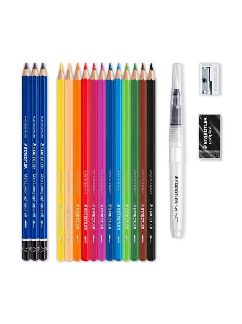 Akvarell ceruza készlet, ecsettel, radírral, hegyezővel, grafitceruzával, STAEDTLER® "146 10C", 12 különböző szín (TS6114610C)
