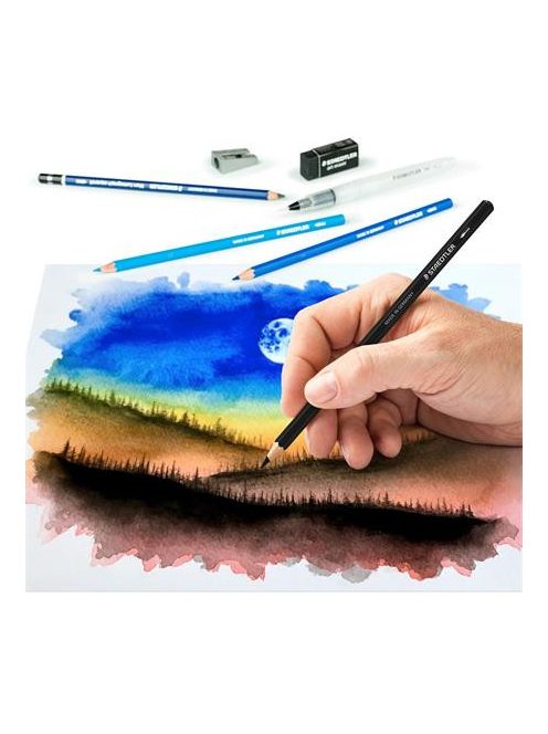 Akvarell ceruza készlet, ecsettel, radírral, hegyezővel, grafitceruzával, STAEDTLER® "146 10C", 12 különböző szín (TS6114610C)