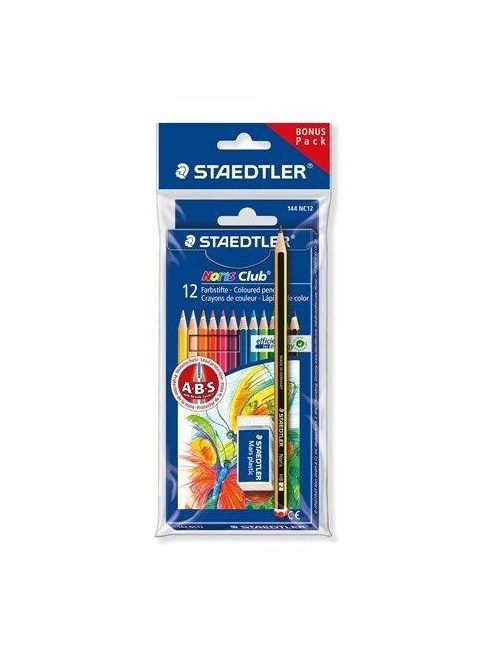 Színes ceruza készlet, hatszögletű, ajándék grafitceruzával és radírral, STAEDTLER "Noris 185", 12 különböző szín (TS61SET6)