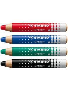   Jelölőceruza készlet, fehértáblához, flipchartpapírhoz kúpos, STABILO "MARKdry", 4 féle szín törlővel és hegyezővel (TS64845)