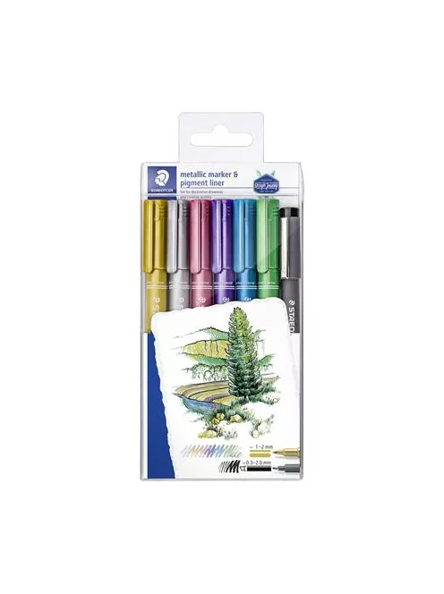 Dekormarker, 1-2 mm, kúpos, STAEDTLER "8323", 6 különböző metál szín, ajándék fekete tusfilccel (TS8323SWP6P)