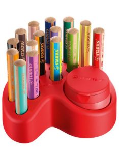   Színes ceruza készlet asztali tartóban, kerek, vastag, STABILO "Woody 3 in 1", 15 különböző szín, hegyezővel (TS8801501)