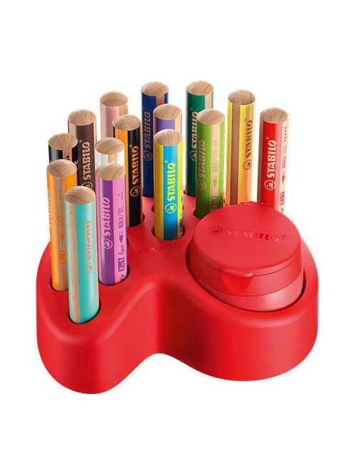 Színes ceruza készlet asztali tartóban, kerek, vastag, STABILO "Woody 3 in 1", 15 különböző szín, hegyezővel (TS8801501)