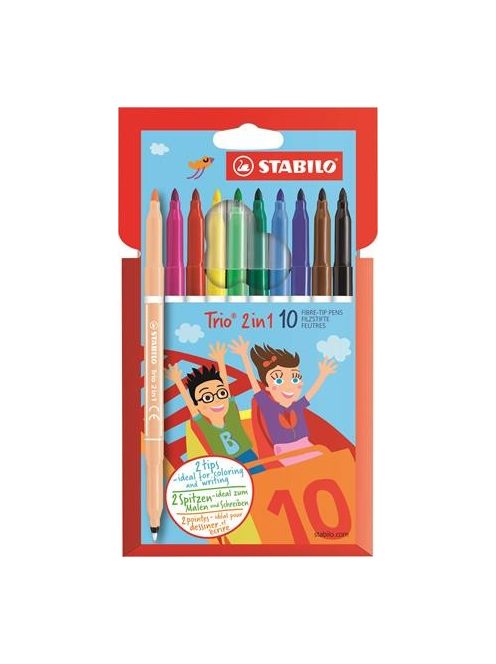 Filctoll készlet, 0,5-2 mm, kétvégű, STABILO "Trio 2 in 1", 10 különböző szín (TST22210)