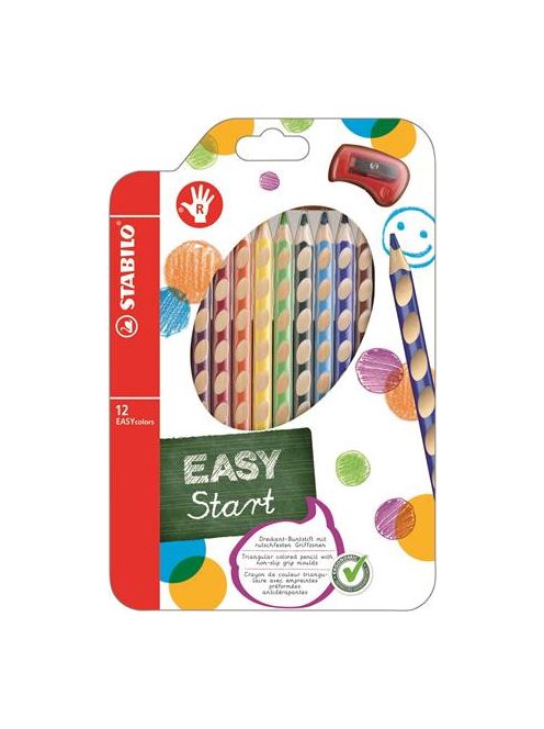 Színes ceruza készlet, háromszögletű, jobbkezes, STABILO "EasyColours", 12 különböző szín (TST33212)