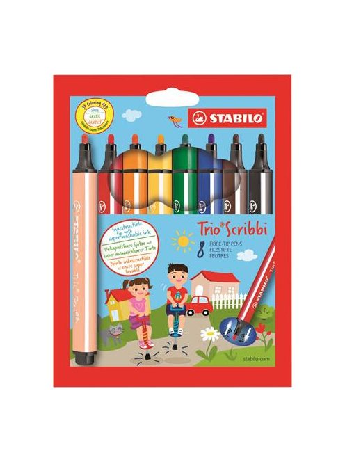 Filctoll készlet, 1,5-2 mm, rugós hegy, STABILO "Trio Scribbi", 8 különböző szín (TST368803)