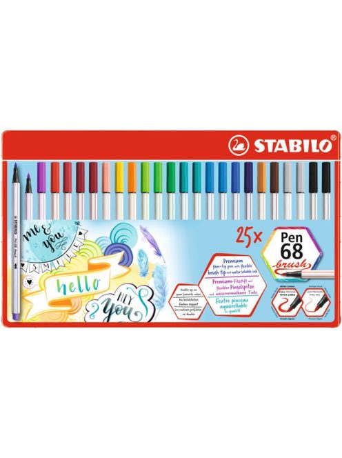 Ecsetirón készlet, fém doboz, STABILO "Pen 68 brush", 19 különböző szín (TST5682532)