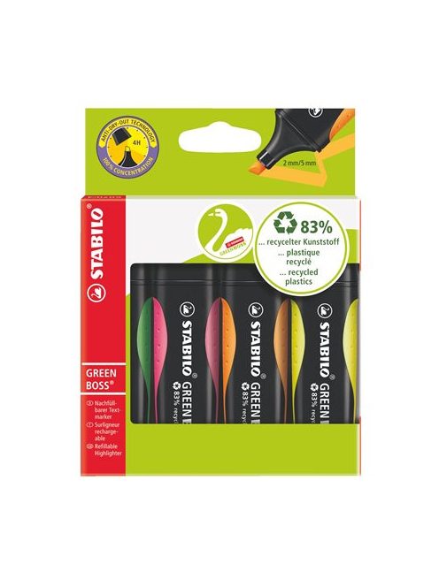 Szövegkiemelő készlet, 2-5 mm, STABILO "Green Boss", 4 különböző szín (TST60704)
