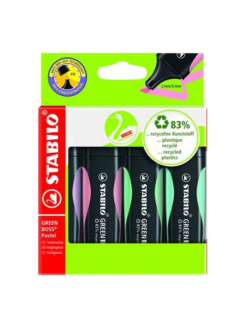 Szövegkiemelő készlet, 2-5 mm, STABILO "Green Boss Pastel", 4 különböző szín (TST607042)