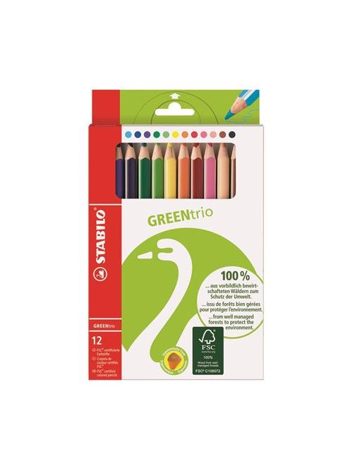 Színes ceruza készlet, háromszögletű, vastag, STABILO "GreenTrio", 12 különböző szín (TST620312)