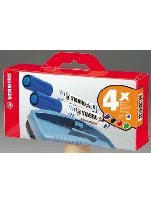 Táblamarker készlet, 2,5-3,5 mm, kúpos, szivaccsal, STABILO "Plan", 4 különböző szín (TST6414PM)