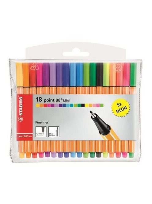 Tűfilc készlet, 0,4 mm, STABILO "Point 88 Mini Neon", 18 különböző szín (TST688182)
