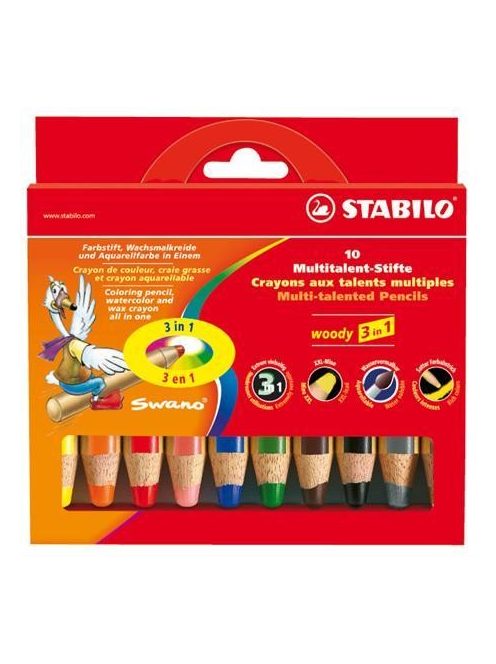 Színes ceruza készlet, kerek, vastag, STABILO "Woody 3 in 1", 10 különböző szín (TST88010)