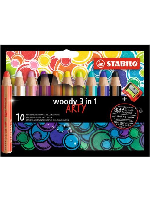Színes ceruza készlet, kerek, vastag, STABILO "Woody ARTY 3 in 1", 10 különböző szín (TST880101)