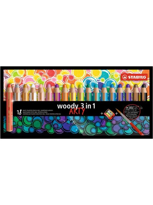 Színes ceruza készlet, kerek, vastag, STABILO "Woody ARTY 3 in 1", 18 különböző szín (TST880181)