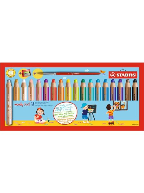 Színes ceruza készlet, kerek, vastag, STABILO "Woody 3 in 1", 18 különböző szín+ (TST880183)
