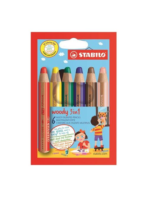 Színes ceruza készlet, kerek, vastag, STABILO "Woody 3 in 1", 6 különböző szín (TST8806)