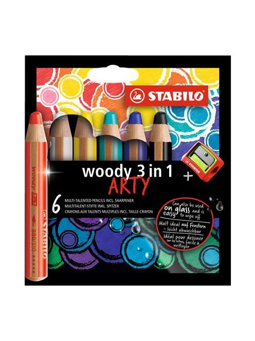 Színes ceruza készlet, kerek, vastag, STABILO "Woody ARTY 3 in 1", 6 különböző szín (TST88061)