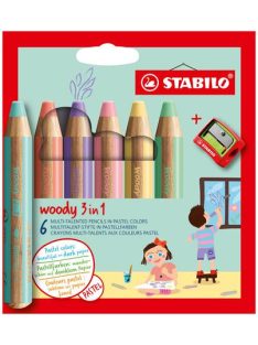   Színes ceruza készlet, kerek, vastag, STABILO "Woody 3 in 1 Pastel", 6 különböző pasztell szín (TST88063)